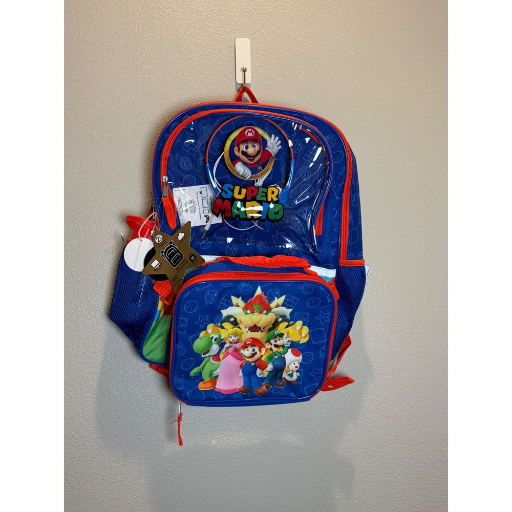 Nintendo Super Mario 5 Piece Backpack Set Lunch Bag Headphones Water Bottle Blue